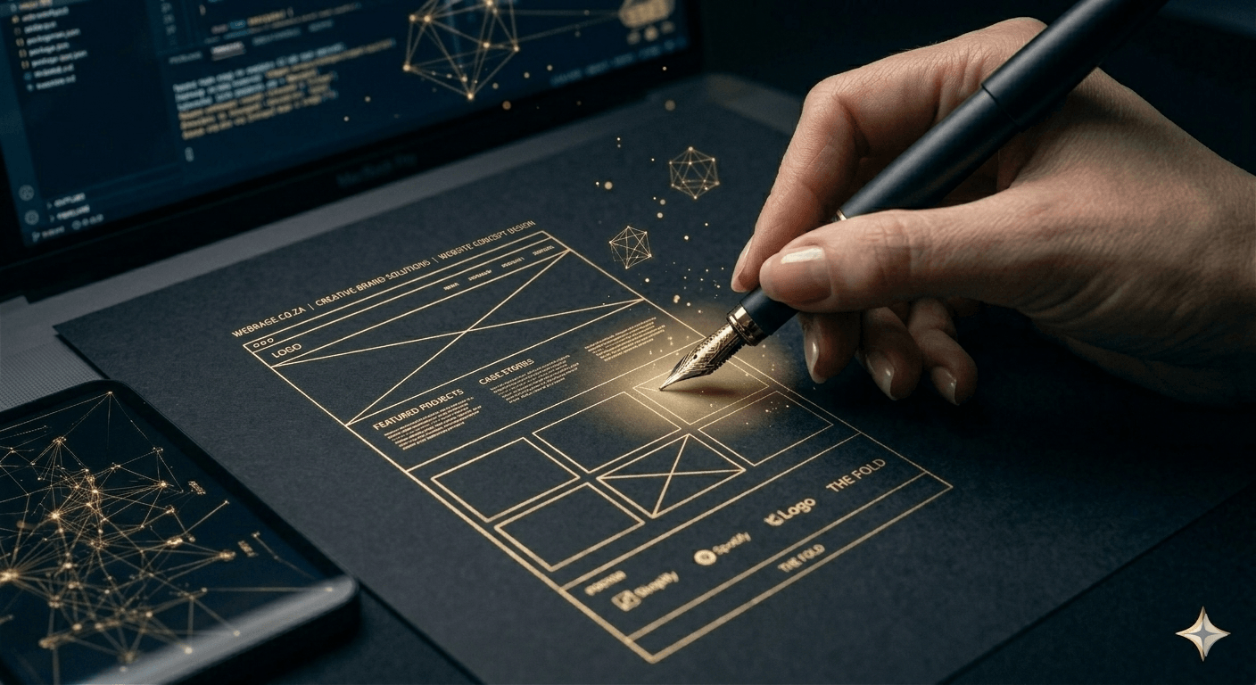 Gold foil website wireframe sketched on black paper with a fountain pen