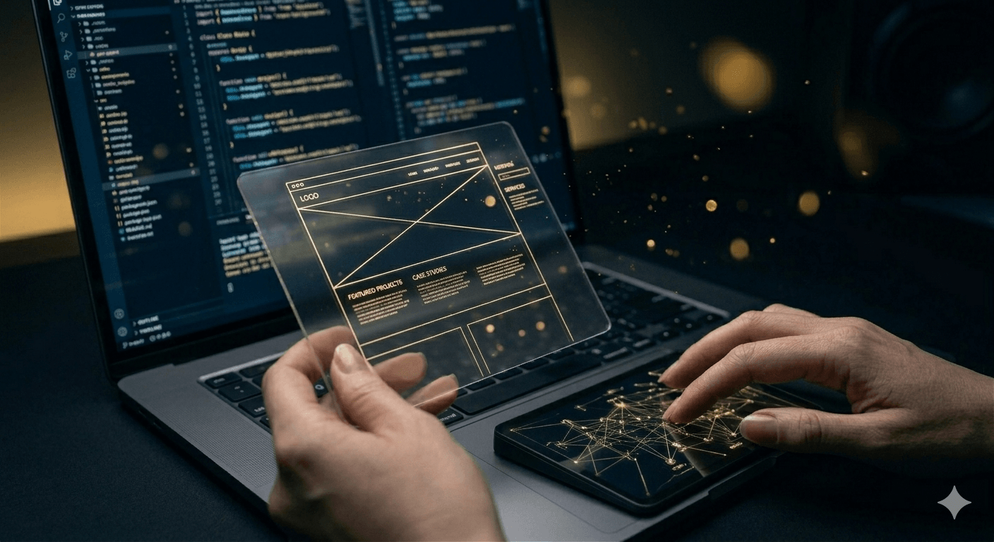 Glass wireframe concept held over a laptop with code